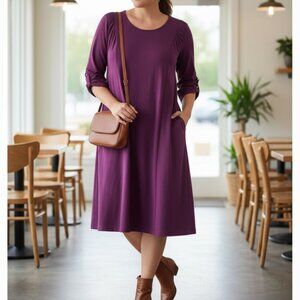 Susan Graver Purple Midi Dress Plus Size 3X A Line soft Knit Ruched Sleeve